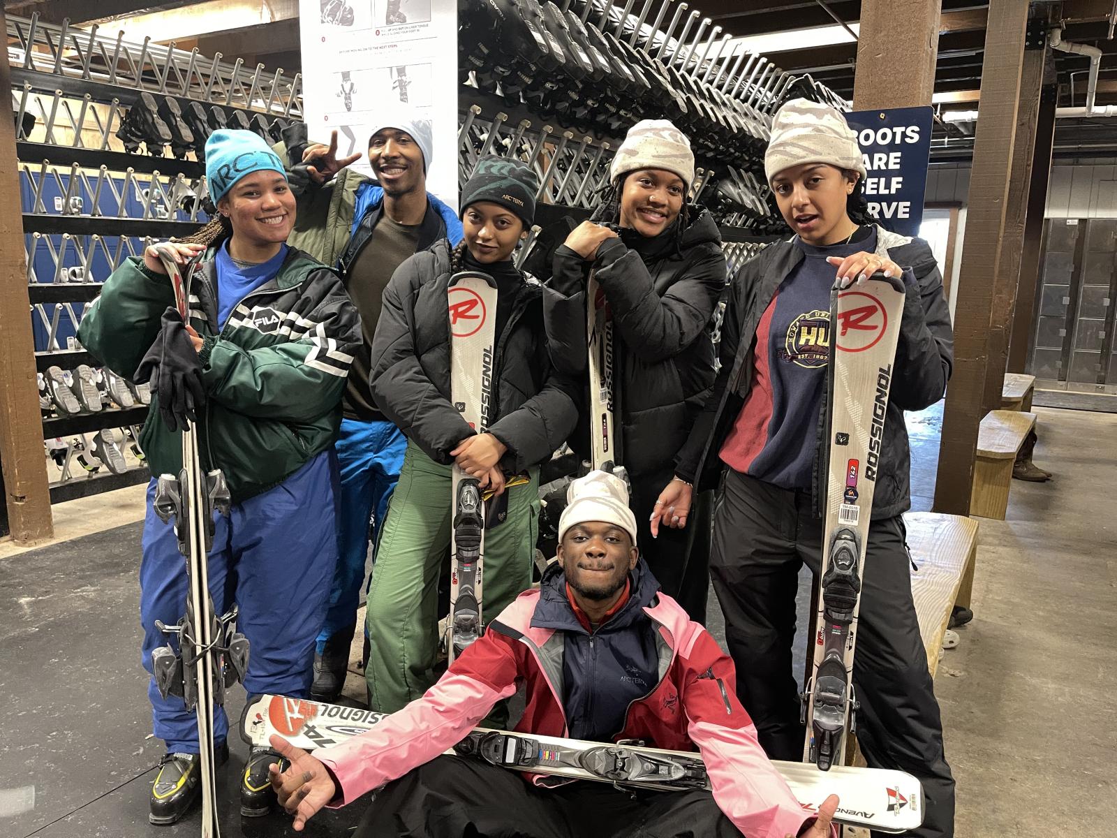 In partnership with Arc'teryx and Soul Trak Outdoors, Howard University students pose before hitting the slopes to learn ski and snowboarding techniques. (Source: Autumn Coleman)