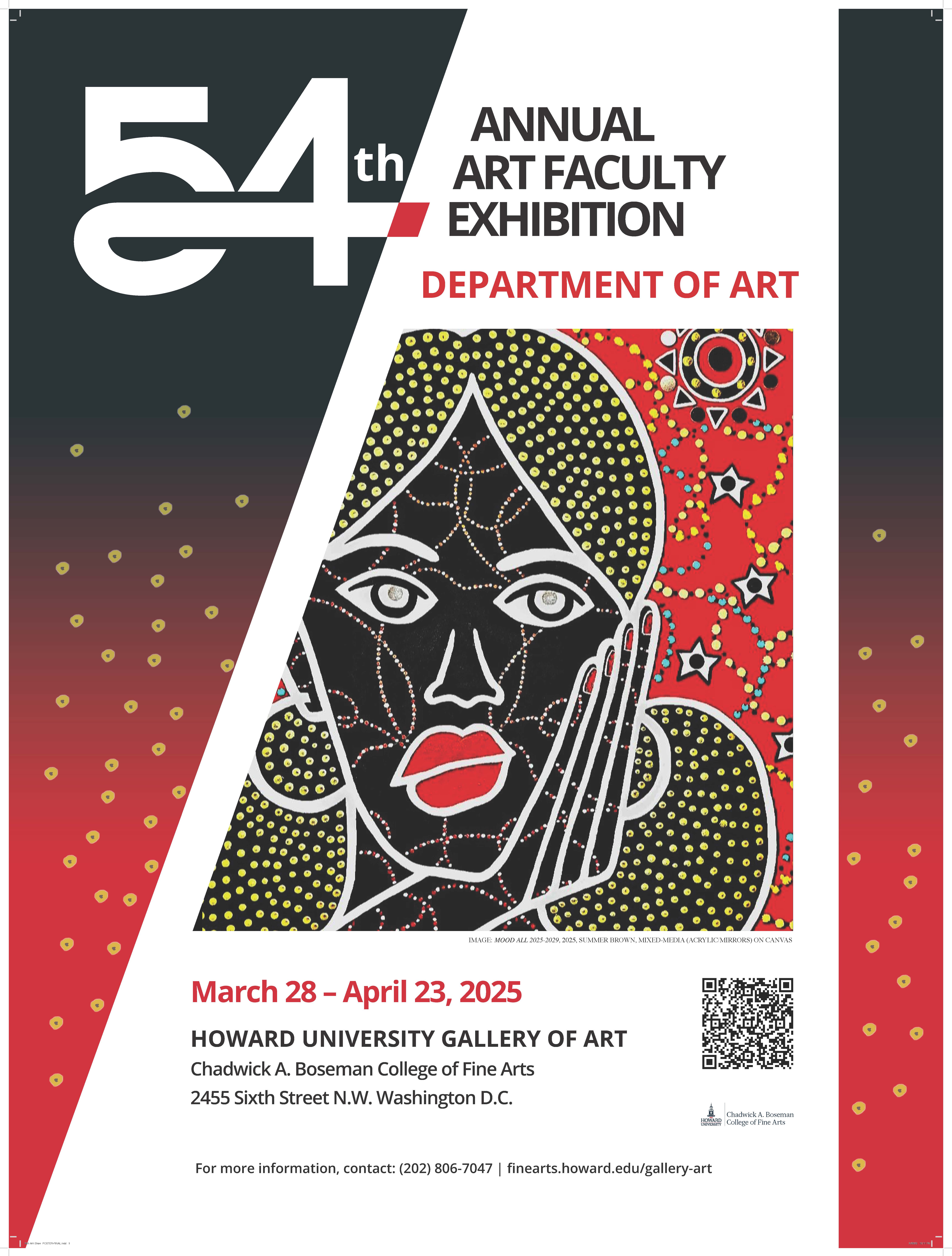 Graphic including a artwork by a Howard University faculty member and containing information about the exhibition and a QR code which links to finearts.howard.edu/gallery-art