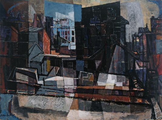 Edward L. Loper, “Angry City,” 1961, oil on board, courtesy of Howard University Gallery of Art