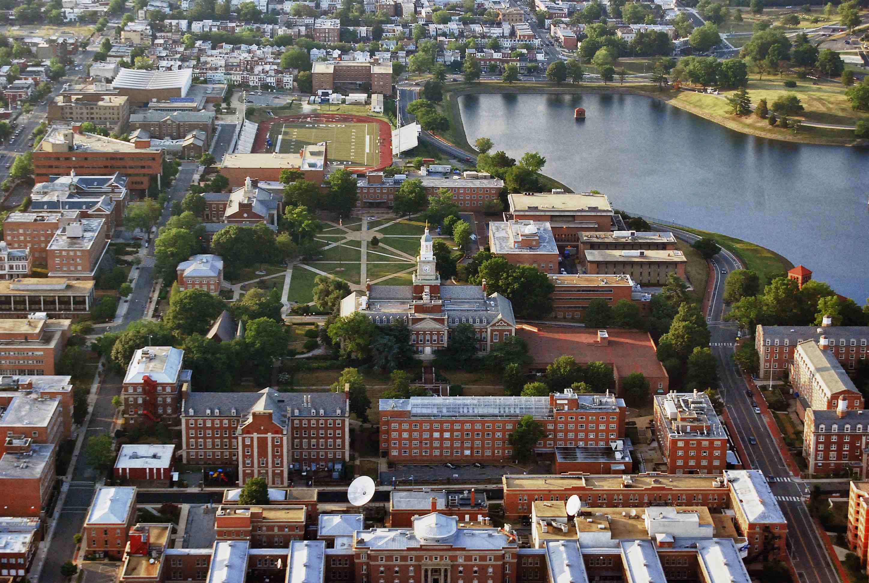 Aerial photo of Howard University's campus with lake