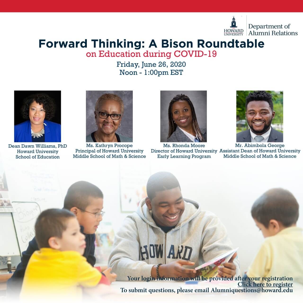 Event Flyer with Headshots of Panelists and Kids in a Classroom