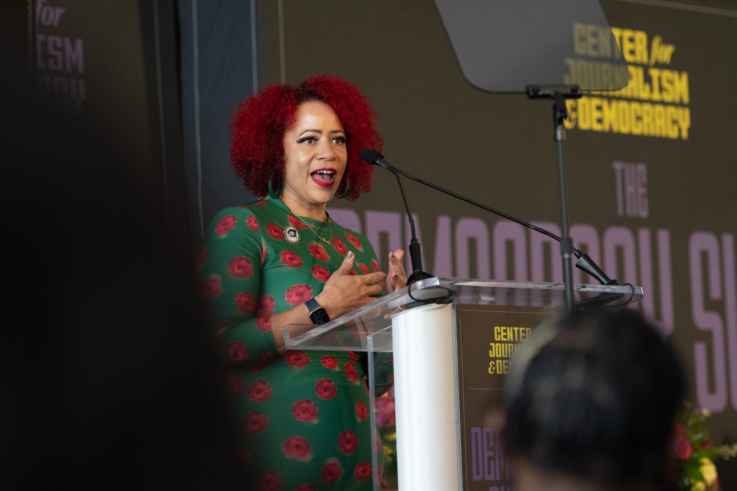 Nikole Hannah-Jones gives the welcome during “The Democracy Summit”, hosted by The Center for Journalism & Democracy at Howard University. It is the first-of-its-kind academic center committed to strengthening historically-informed, pro-democracy journalism. The Center is led by founder Nikole Hannah-Jones, the Knight Chair in Race and Journalism. -Imagine Photography