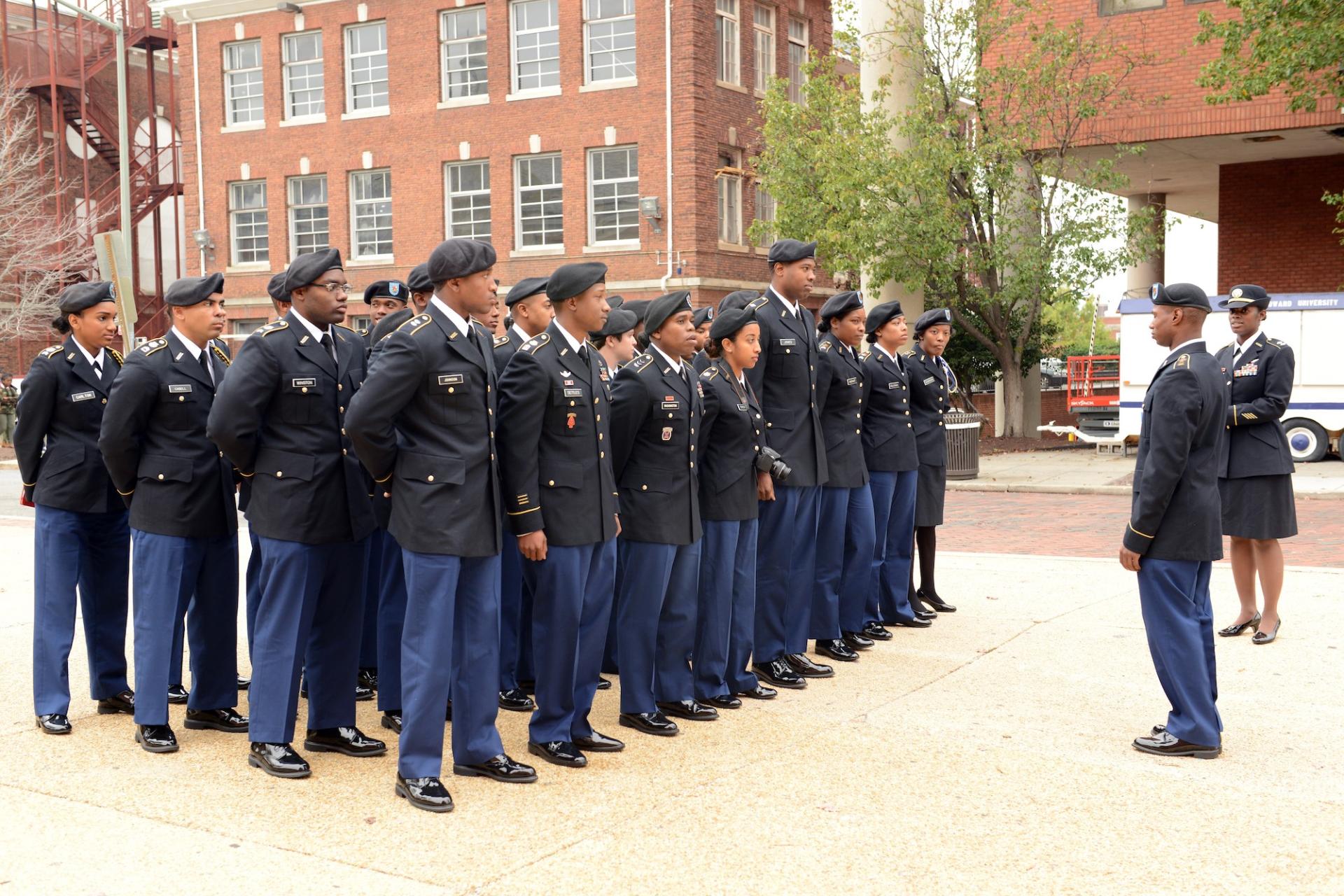 Military proceedings at Howard University begin on campus by the A building, circa 2016 