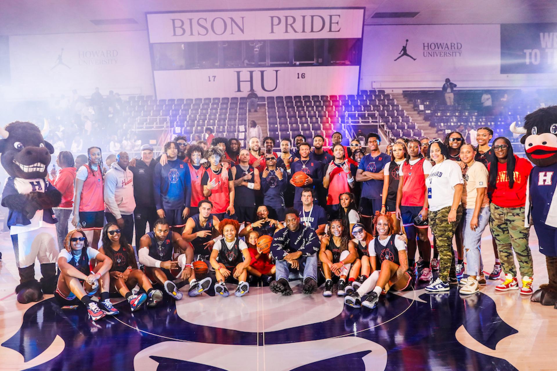 The Howard University men's basketball team completes the tip off during their 8-minute scrimmage session during Bison Madness (Credit: Creative Agency 4812)