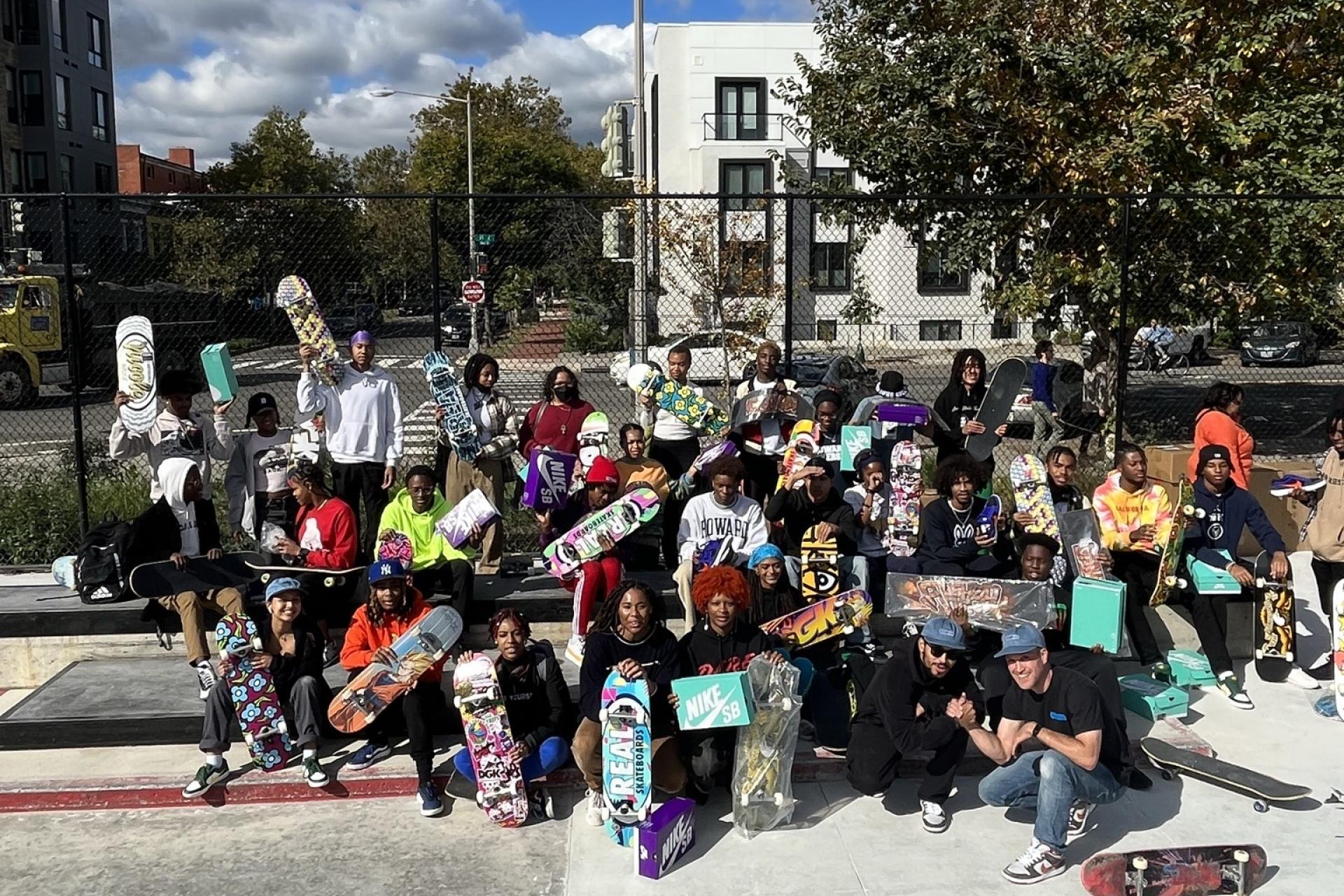 The Howard University Skate Club poses for a photo at their meet-up at Banneker Park. Monyell Sessoms and Kameren Halliday, the respective president and vice president of the organization, says that their events at Banneker Park welcomes all ages to skate. (Photo Credit: HU Skate Club)
