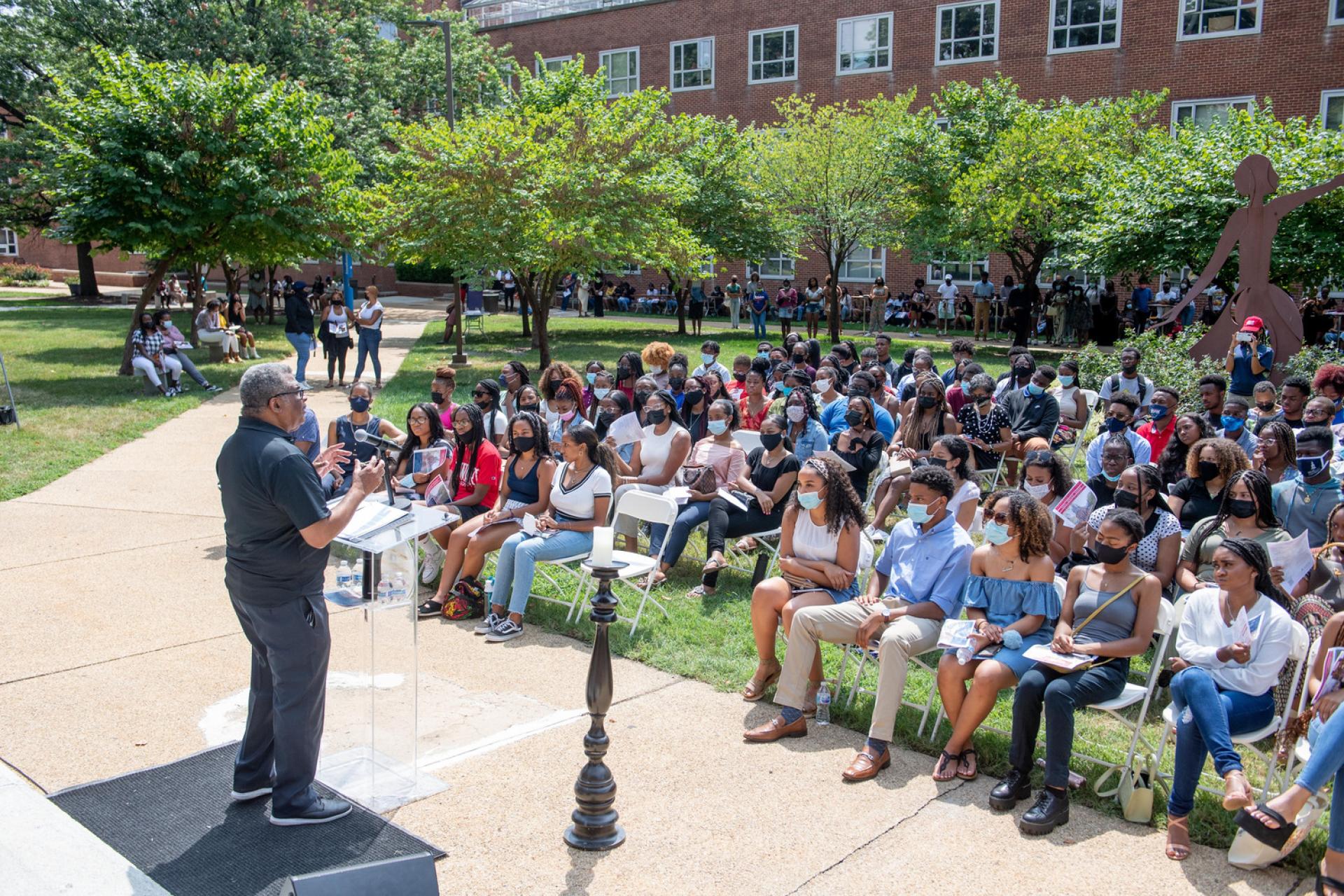 Dean Richardson addressing students