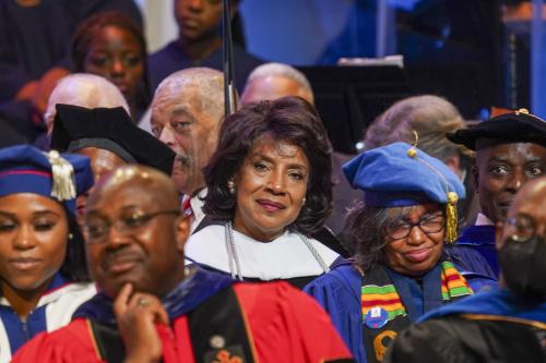 Dean of the Chadwick A. Boseman College of Fine Arts, Phylicia Rashad, listens intently while Congressman James E. Clyburn delivers the 155th Opening Convocation Address. Chris Campbell/Howard University