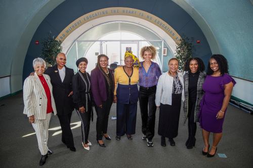 U.S. Representatives Bonnie Watson-Coleman, Ayanna Presley, Ilhan Omar, Cori Bush, Gwen Moore and Barbara Lee with actress Michelle Hurd and Howard University students Morgan Rameau and Shaletta Norwood