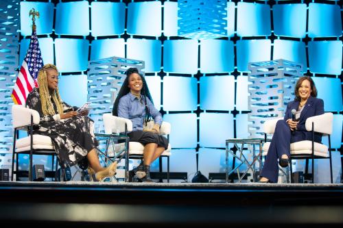 Vice President Kamala Harris, actress DeWanda Wise and Erin Haynes in Cramton Auditorium