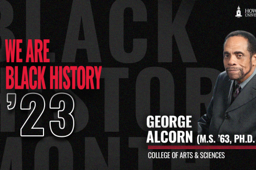A graphic consisted of the words "We Are Black History" in red followed by a photo of physicist George Alcorn smiling for a work headshot in a suit