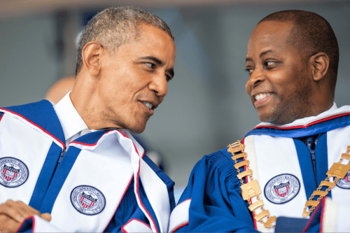 President Barack Obama and Howard University President Wayne A.I. Frederick mingle during the 2016 Commencement Speech