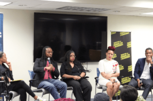 Moderator Christina Greer, Ibram X. Kendi, Mikki Kendall, Nikole Hannah-Jones, and Ta-Nehisi Coates at the "Banned Books: Countering the White Right's Movement against Truth" panel at the 2023 International Black Writers Festival. 