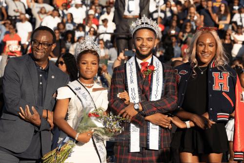 President Vinson poses with the 86th Miss Howard Damaris Moore and the 48th Mr. Howard Gregory Allen Jr., and Jay Jones, president of the Howard University Student Association (HUSA).	