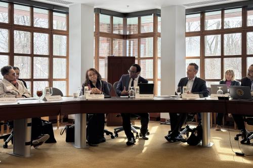 Photo of President Vinson and thought leaders at American Academy of Arts and Sciences Exploratory Meeting 