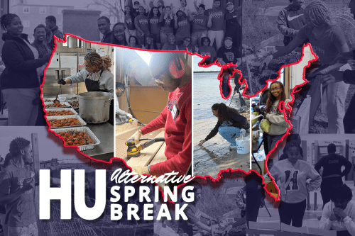 Howard students performing community service inside a map of the United States