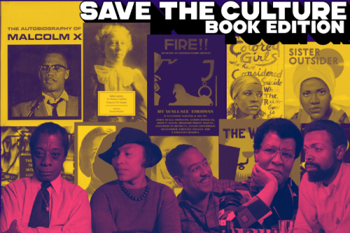 Save the Culture Books cover. Foreground: African American Authors in purple. Background: book covers in yellow