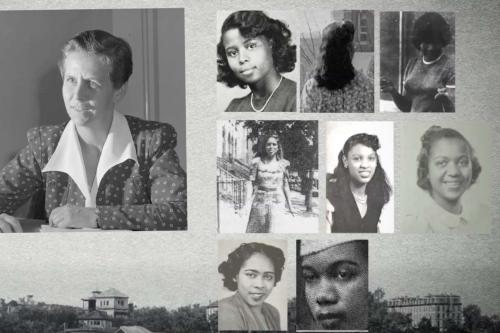 A collage image of 7 women, all in black and white