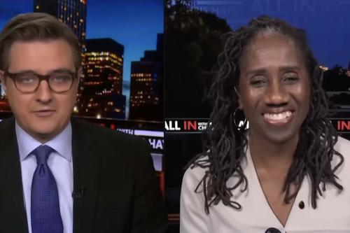 A screen of Chris Hayes on the left and Sherrilyn Ifill on the MS Now show "All In with Chris Hayes"