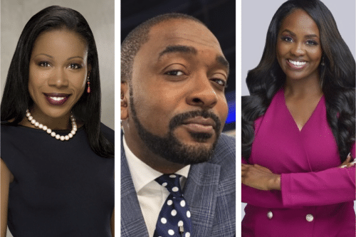 Isabel Wilkerson wearing a dark dress, Curtis McCloud wearing a gray suit and Melanie Johnson wearing a red dress