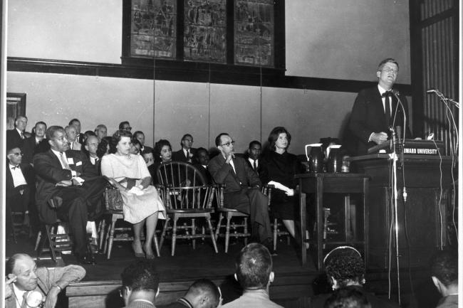 President John F. Kennedy delivering remarks inside Rankin Chapel