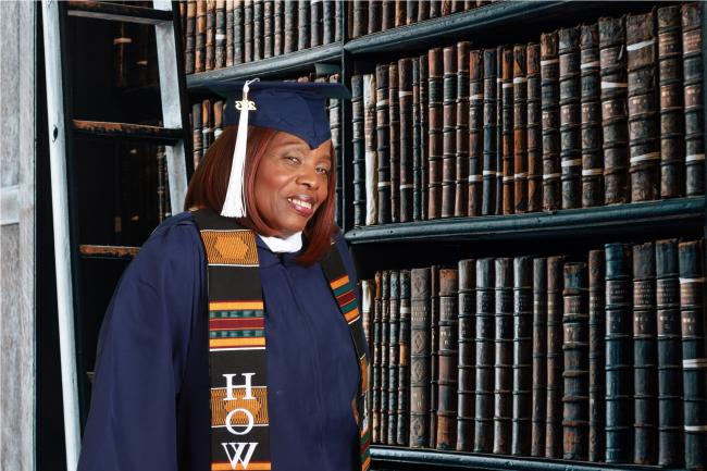 Sheba Tartt of Howard University celebrates graduating and being the eldest member of the 2023 HU Commencement class
