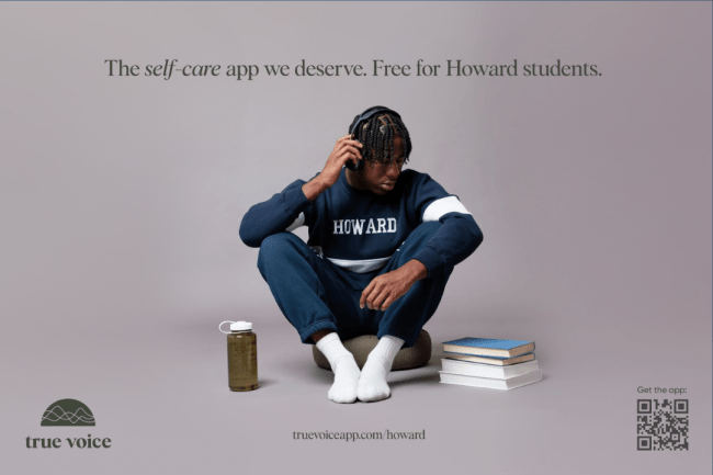 Howard University student picutured with headphones. "The self care app we deserve. Free for Howard students."