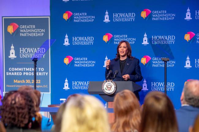 VP Kamala Harris speaks at the Greater Washington Partnership Event where the five-year, multibillion-dollar pledge is unveiled.
