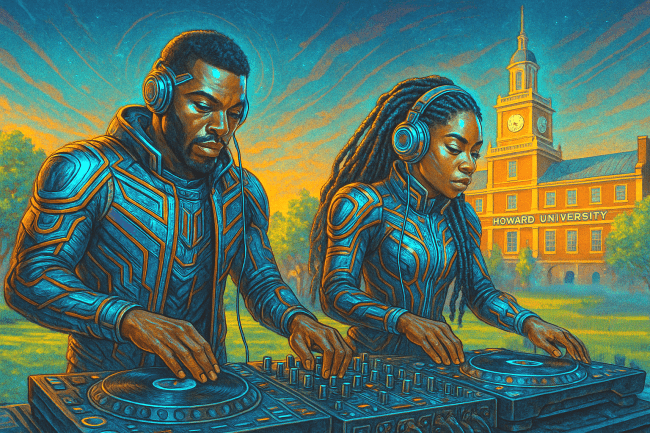 Illustrated man and woman play turntables with the Howard University Founder's Library in the background