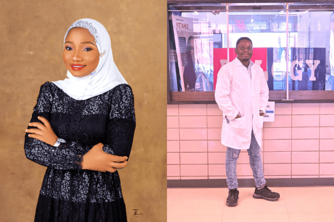 Side by side photos of two howard university graduate students. There is a woman on the left who is wearing a head covering and folding her arms. The man on the right is smiling while wearing a white lab coat and grey wash jeans