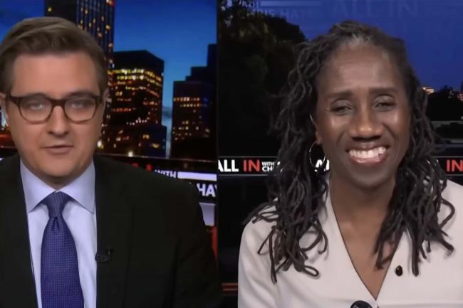 A screen of Chris Hayes on the left and Sherrilyn Ifill on the MS Now show "All In with Chris Hayes"