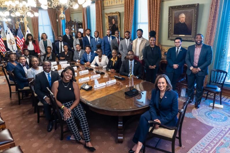 Howard students and others with Kamala Harris