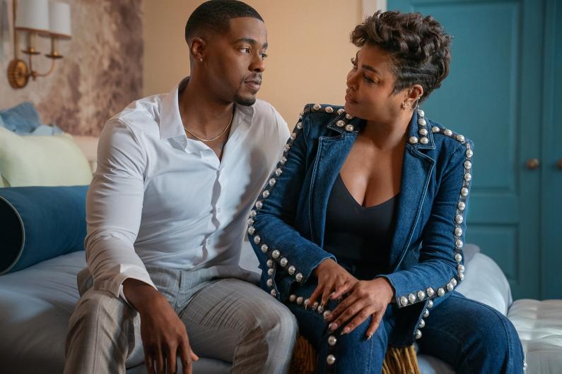 Derrick A. King, wearing a white shirt, and Taraji P. Henson, wearing a denim jacket with pearls, in "Why Did I Get Married Again?"