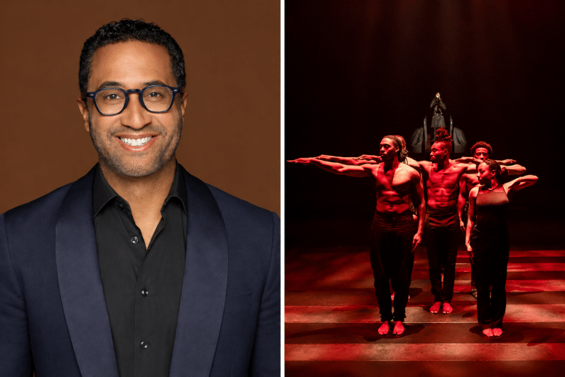 College of a headshot of C. Brian Williams and a scene from Step Afrika's "The Fruits of Our Labor" featuring five dancers shrouded in red light