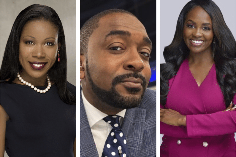 Isabel Wilkerson wearing a dark dress, Curtis McCloud wearing a gray suit and Melanie Johnson wearing a red dress