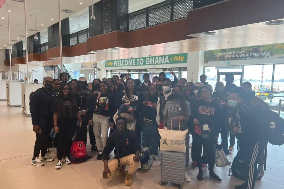 HUASB students and faculty pose for a picture at international airport in Ghana