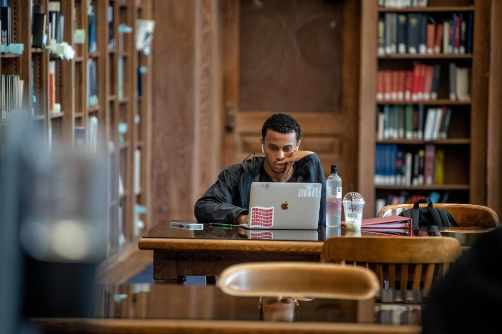 Student sits in front of computer at library 