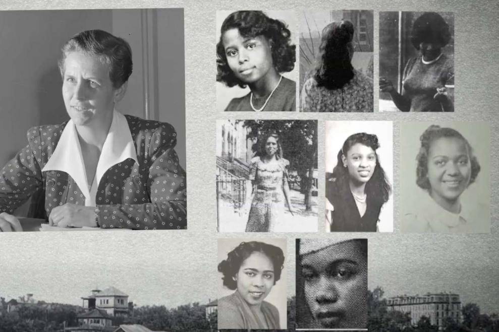 A collage image of 7 women, all in black and white