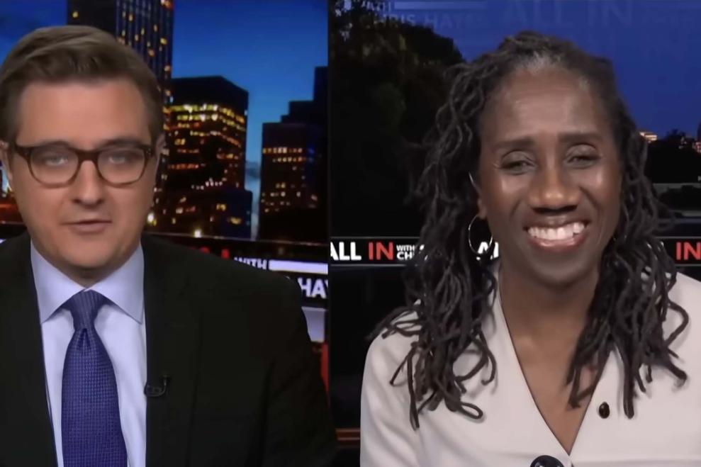 A screen of Chris Hayes on the left and Sherrilyn Ifill on the MS Now show "All In with Chris Hayes"