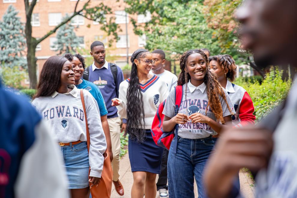 Howard University students wearing branded university paraphernalia 