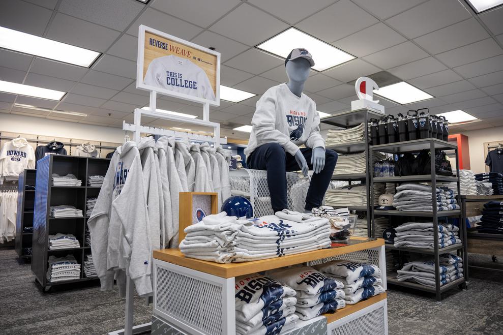Merchandise at the Bison Exchange Campus Store with a mannequin wearing Howard University clothing