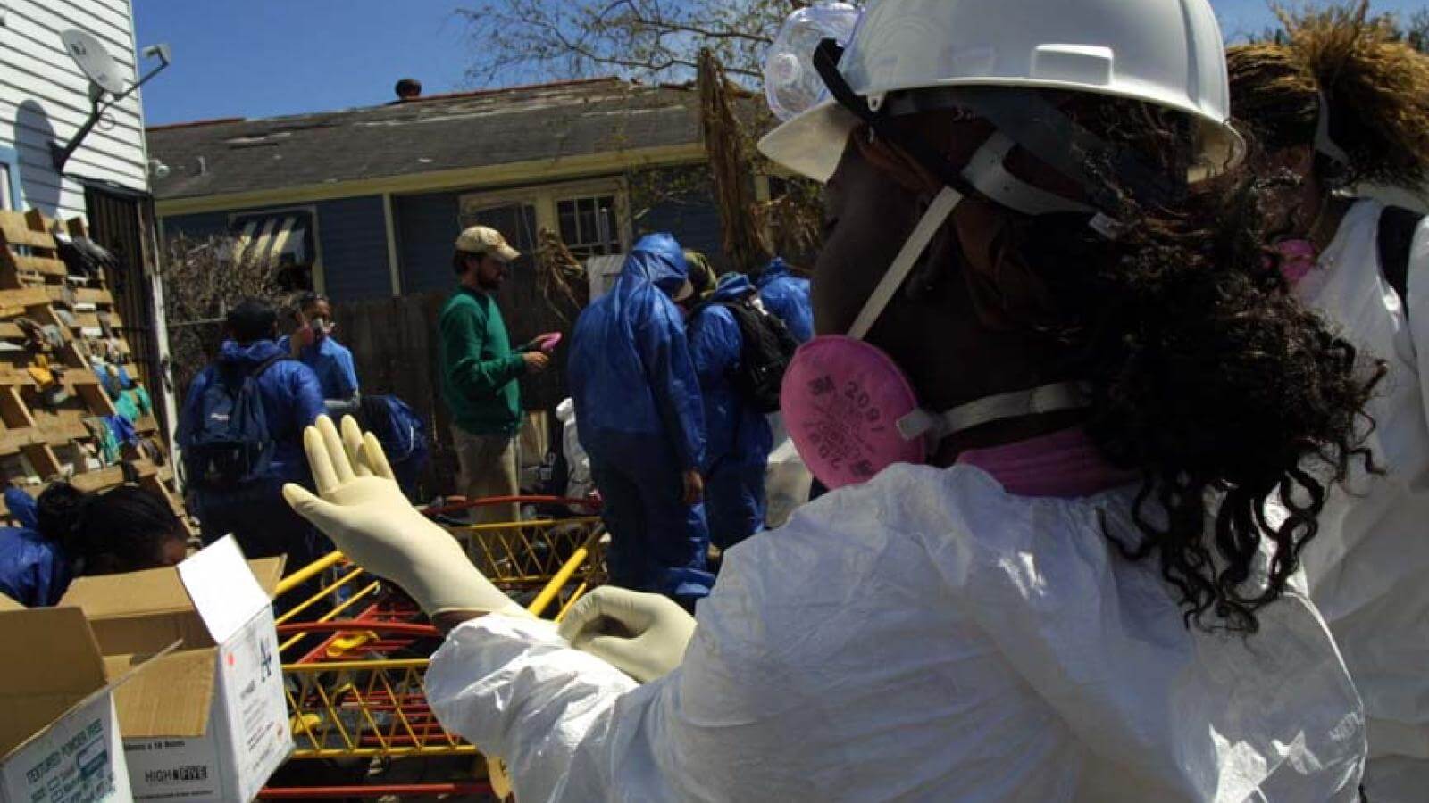 A Howard student gets ready to help do demolition work after Hurricane Katrina.