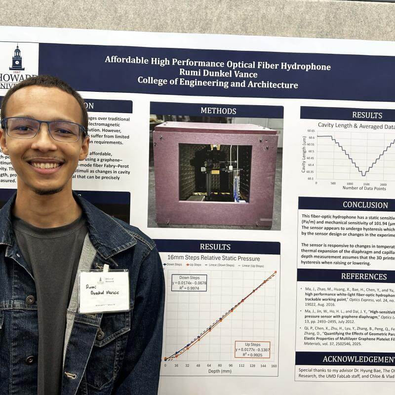 A male college student standing in front of a poster board that has research findings on it
