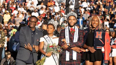 President Vinson poses with the 86th Miss Howard Damaris Moore and the 48th Mr. Howard Gregory Allen Jr., and Jay Jones, president of the Howard University Student Association (HUSA). 