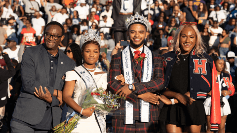 President Vinson poses with the 86th Miss Howard Damaris Moore and the 48th Mr. Howard Gregory Allen Jr., and Jay Jones, president of the Howard University Student Association (HUSA).	