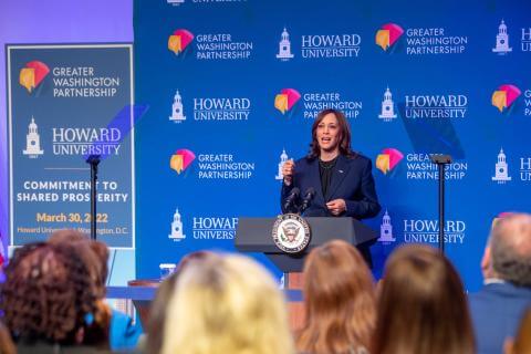 VP Kamala Harris speaks at the Greater Washington Partnership Event where the five-year, multibillion-dollar pledge is unveiled.