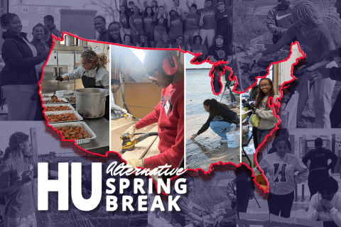 Howard students performing community service inside a map of the United States