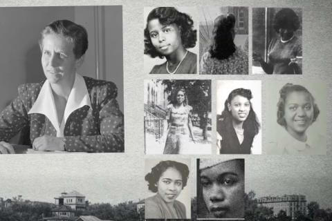A collage image of 7 women, all in black and white