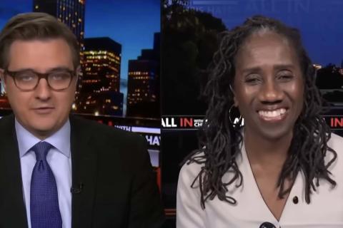 A screen of Chris Hayes on the left and Sherrilyn Ifill on the MS Now show "All In with Chris Hayes"