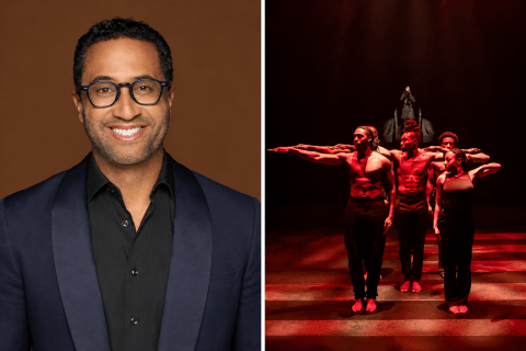College of a headshot of C. Brian Williams and a scene from Step Afrika's "The Fruits of Our Labor" featuring five dancers shrouded in red light