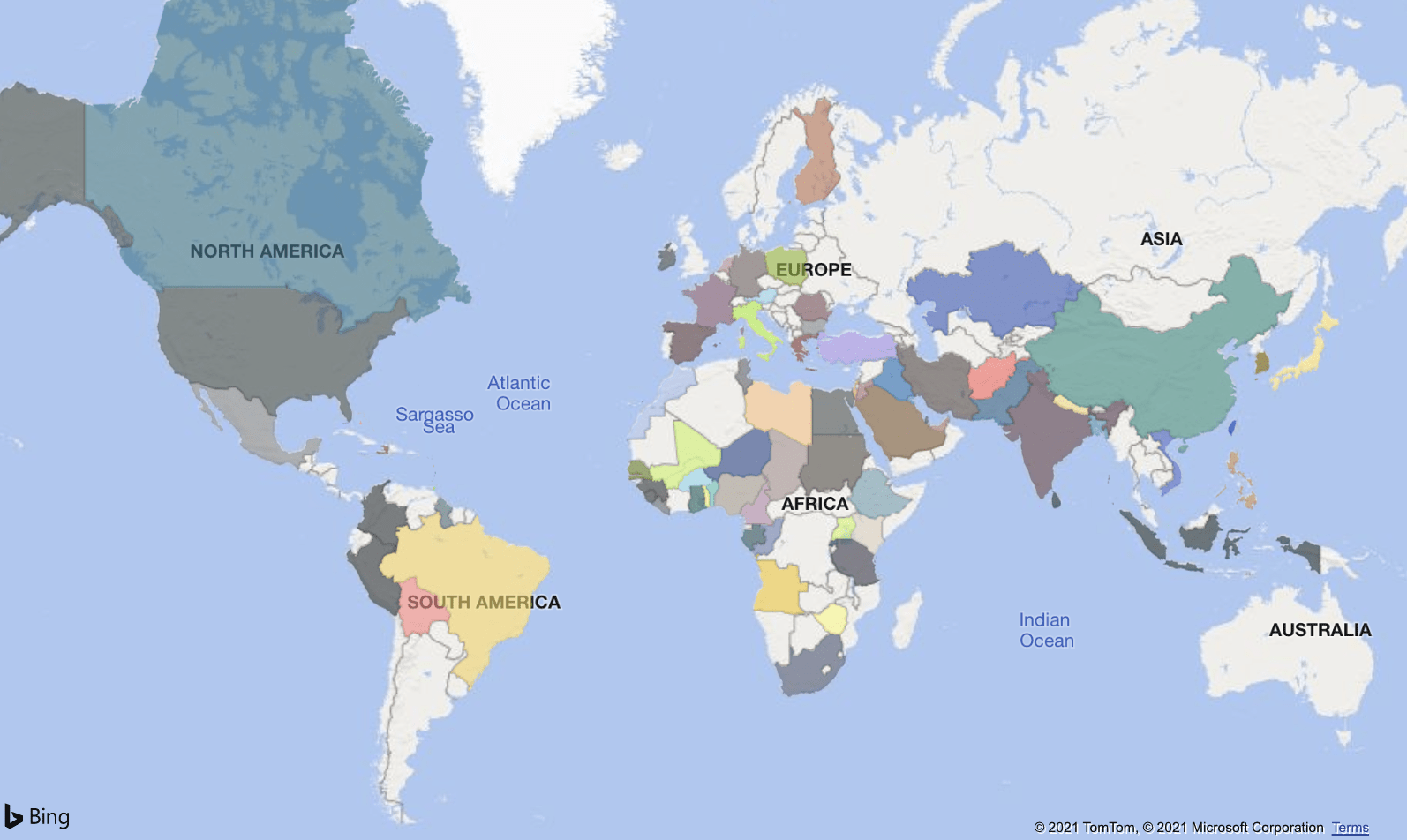 World map with countries filled in color